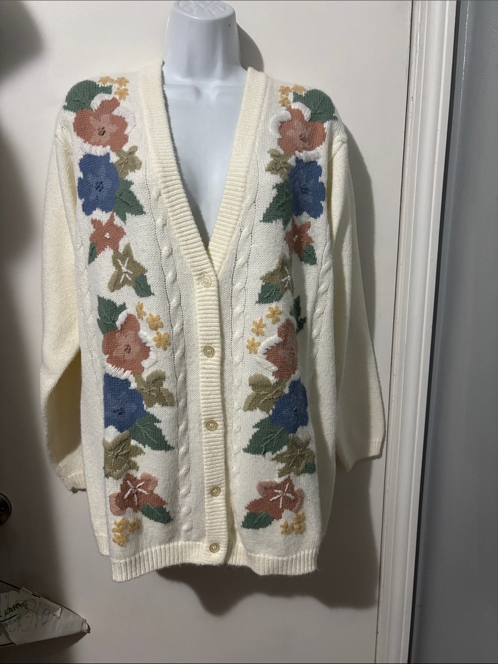 Alfred Dunner Cream Floral Cable Knit Button-Front Cardigan